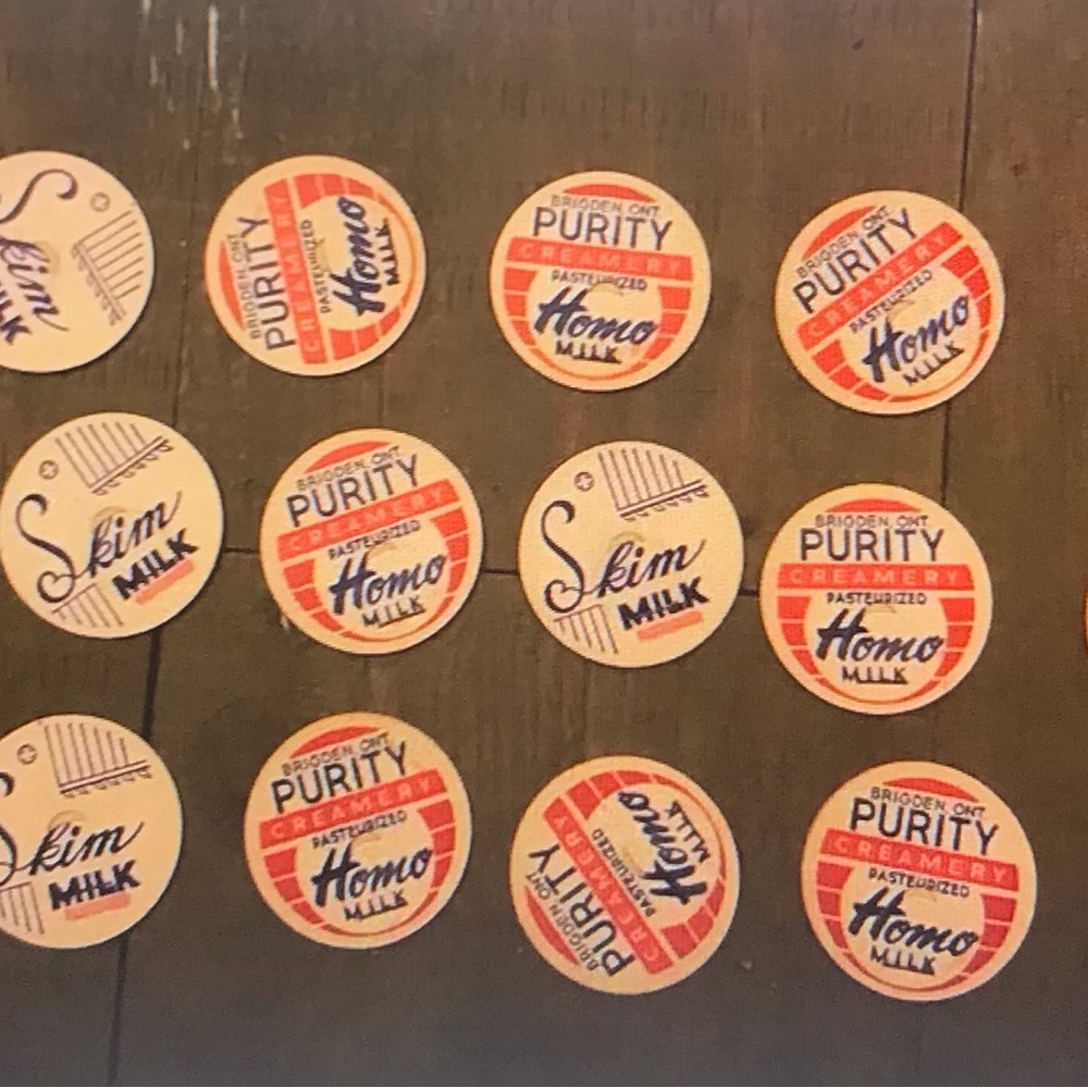 Vintage Purity & Skim Milk Bottle Caps - Red, Blue, Cream (lots of 12 or 13)